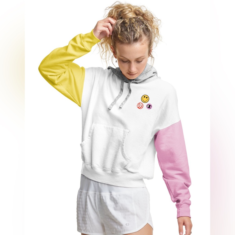 Champion Powerblend Fleece Colorblock Relaxed Hoodie, Smiley Face Graphics
